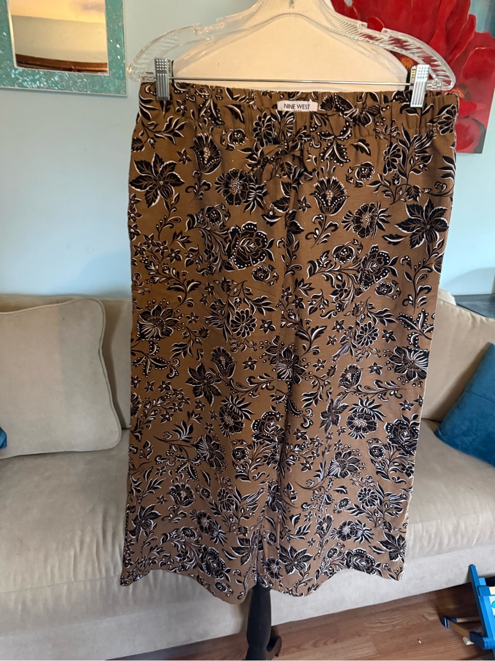 Nine West Pants Women LP L Large Brown Linen Cropped Wide Leg Floral Pull On
